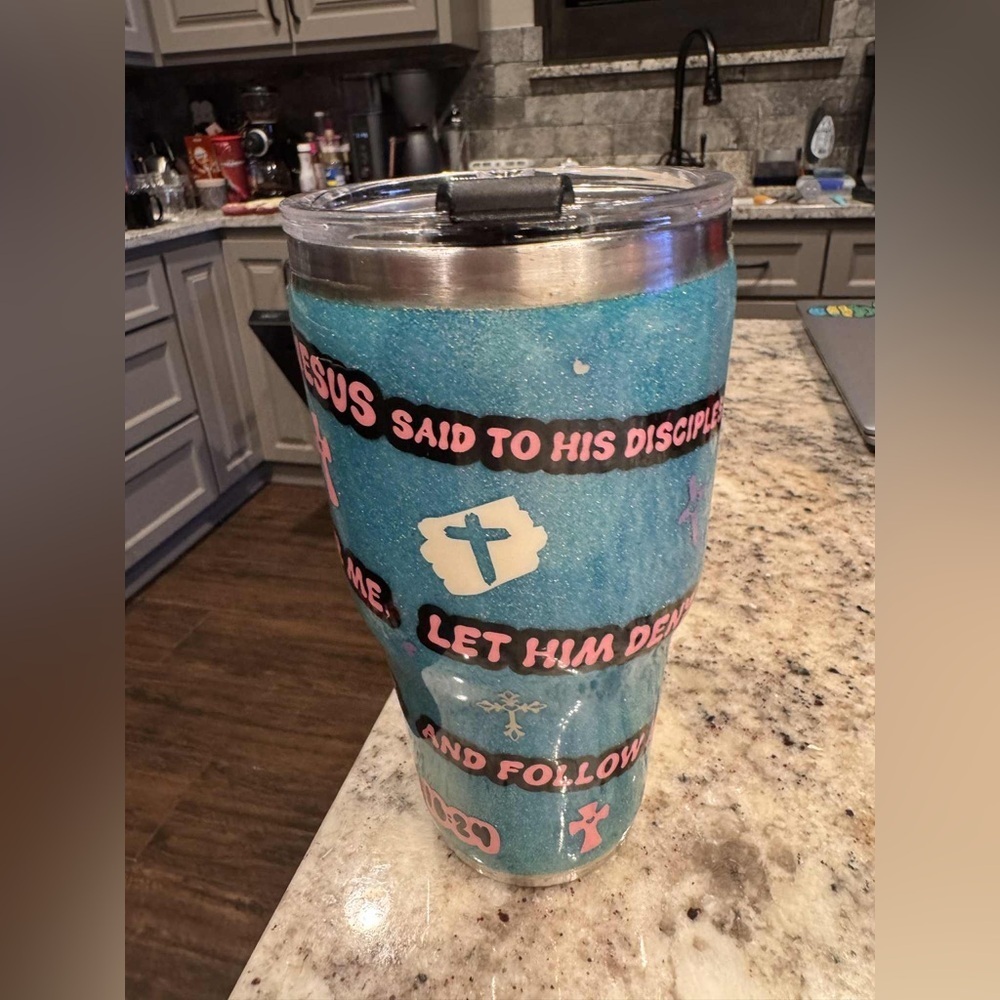 Bible quote Blue Tumbler with Inspirational Text glitter handmade
